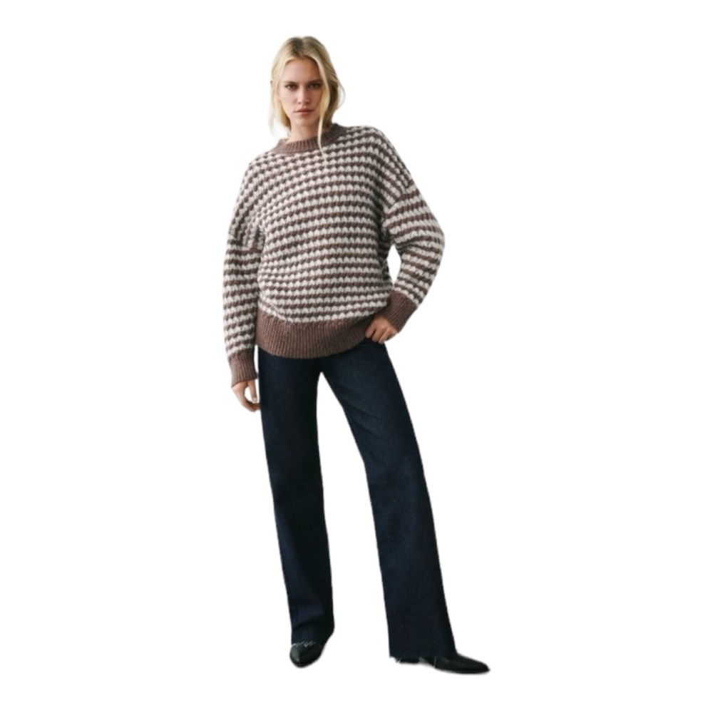 ZARA Brown and White Striped Oversized Slouchy Cozy Crewneck Knit Sweater Large - Picture 5 of 15